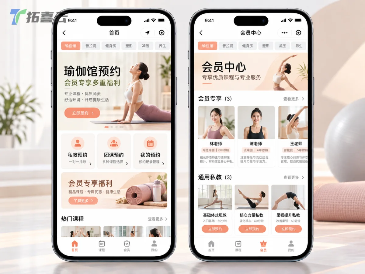 展示瑜伽约课系统首页与会员中心页面布局及功能模块