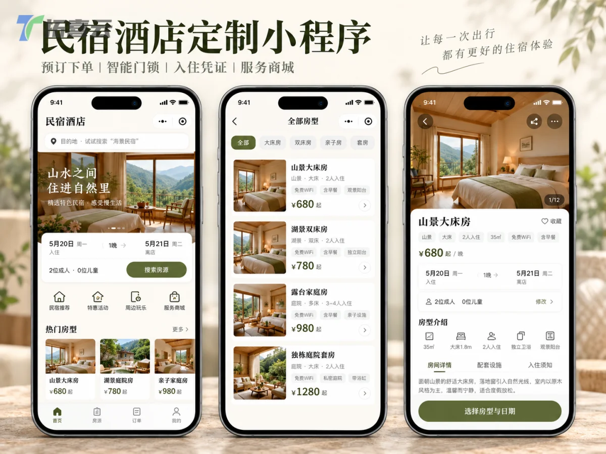 首页顶部是大图轮播展示民宿实景，下方是“今日推荐”房型卡片。房型列表页清晰显示可订房型、价格和日历。详情页包含多图、设施列表（如智能门锁、免费WiFi、地暖）、以及日期选择与“立即预订”按钮。