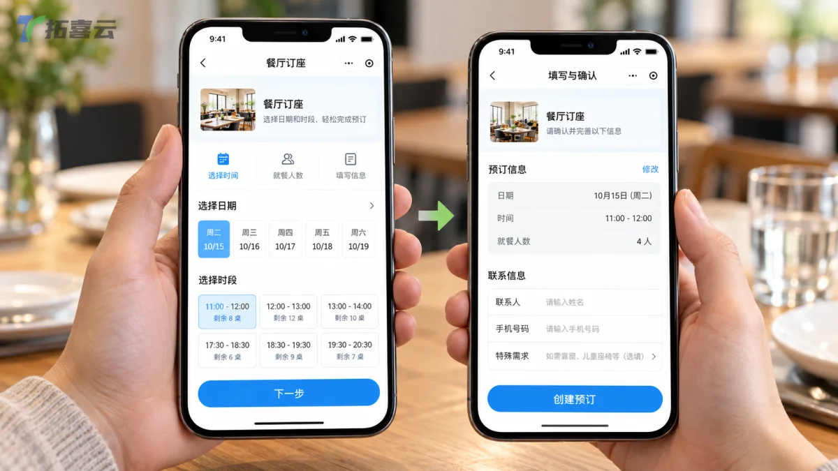 手机订座小程序设置界面，显示日期与时间选择功能
