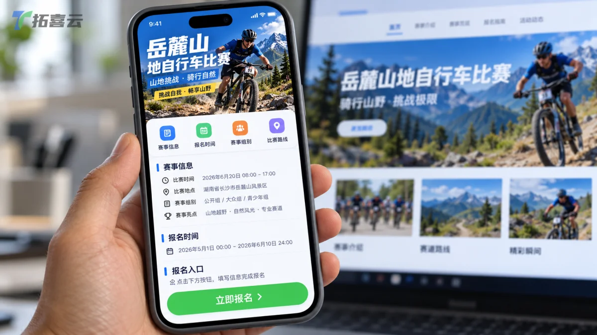 手机展示比赛报名小程序，背景电脑呈现赛事页面，科技感十足。