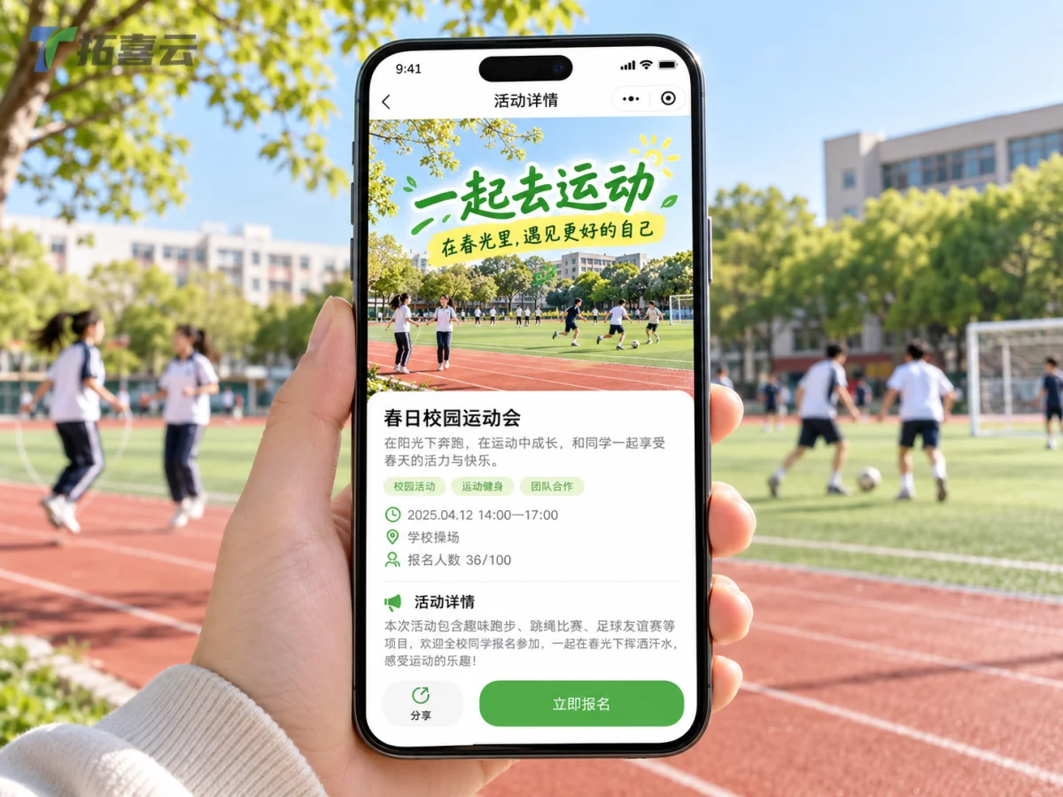 手机端小程序展示校园活动报名页面，界面清新自然，突出互动参与感 ——