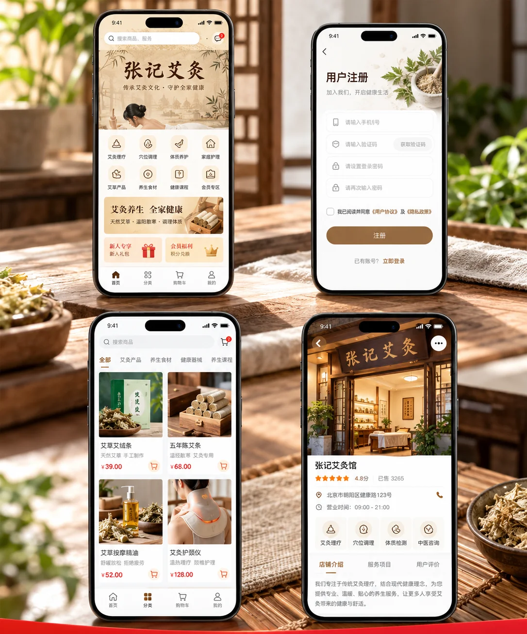 竖版构图，四张手机界面截图从上到下依次排列，展示小程序“张记艾灸”的首页、用户注册页、商品列表和店铺详情页，界面以白色为