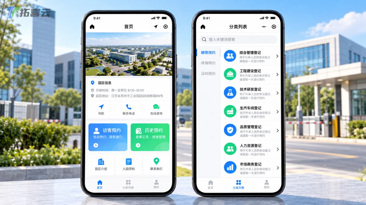 手机端访客登记系统界面展示，包含预约与管理功能模块