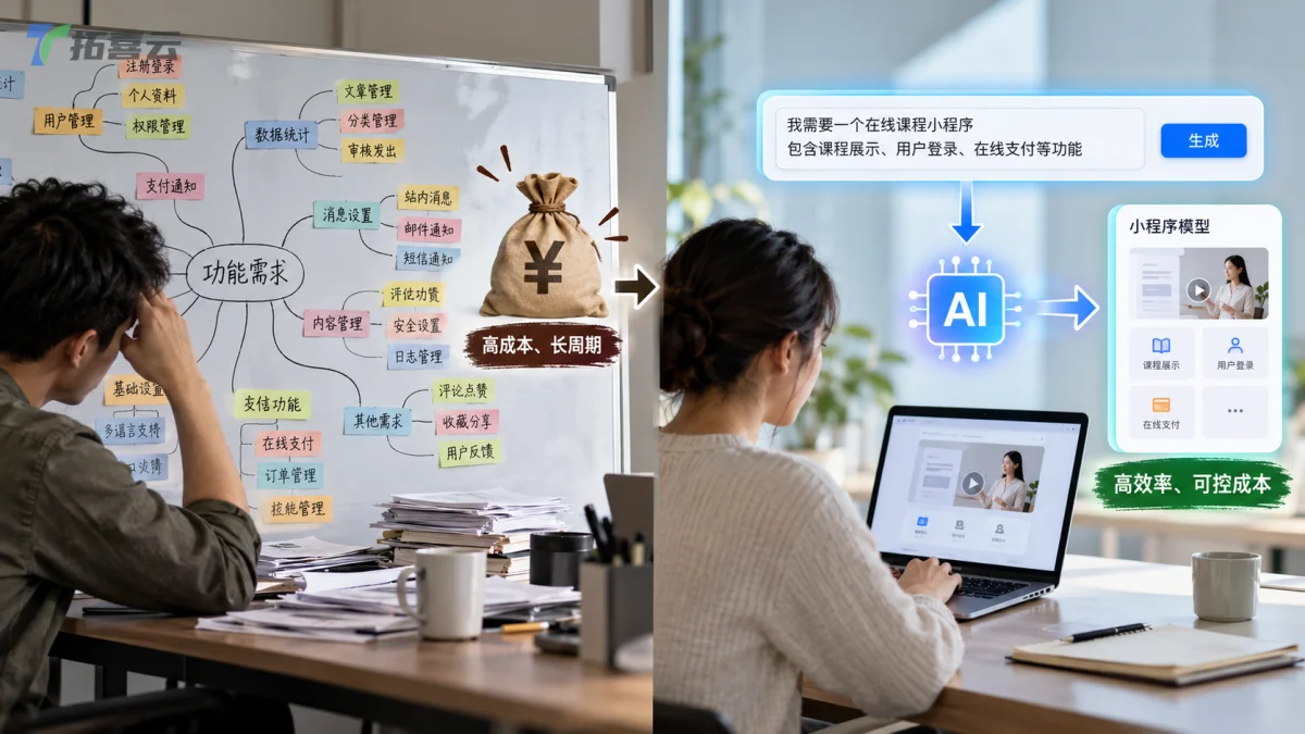 传统手工开发与AI辅助开发的模式对比示意图。
