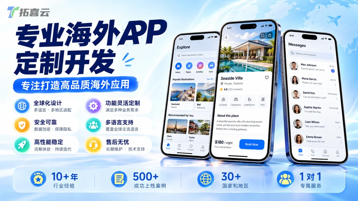 手机展示海外商务App功能与定价解析界面