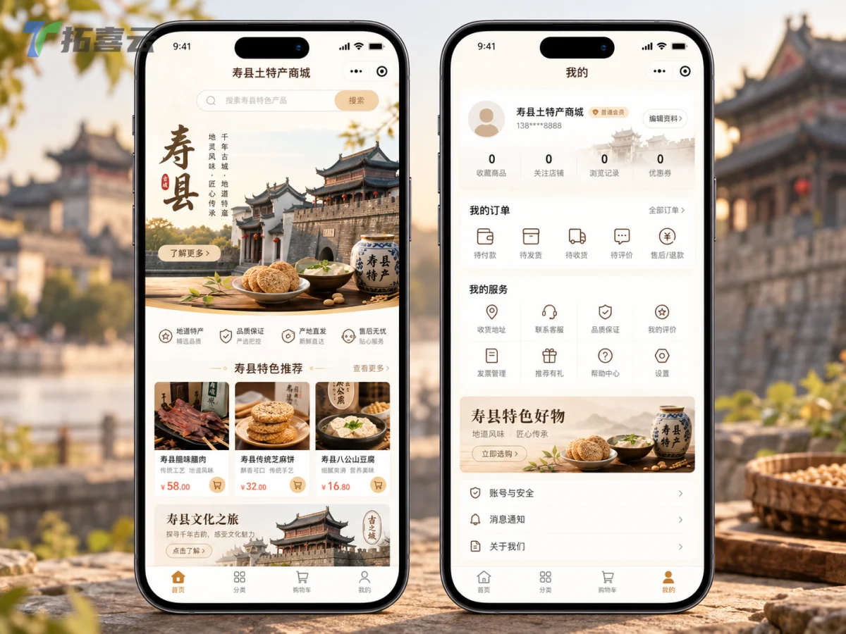 首页展示“时令推荐”与“非遗风物”大图 banner；详情页顶部为产品故事视频和图文介绍，下方为规格选择与购买区域；礼盒定制页提供多种主题模板和个性化贺卡编辑功能。