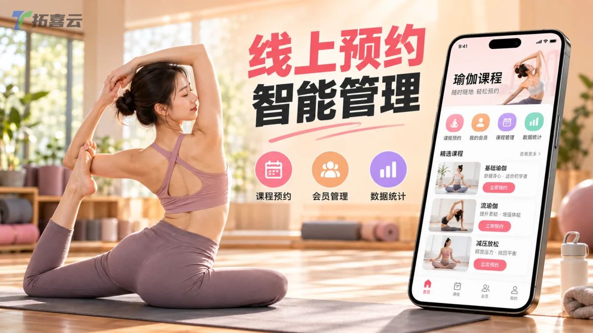 女性在瑜伽垫上拉伸，手机展示线上预约系统界面，传递智能管理的便捷感