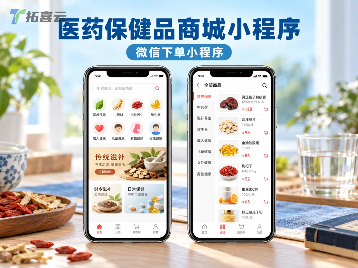手机屏幕呈现专业健康服务与商城功能界面