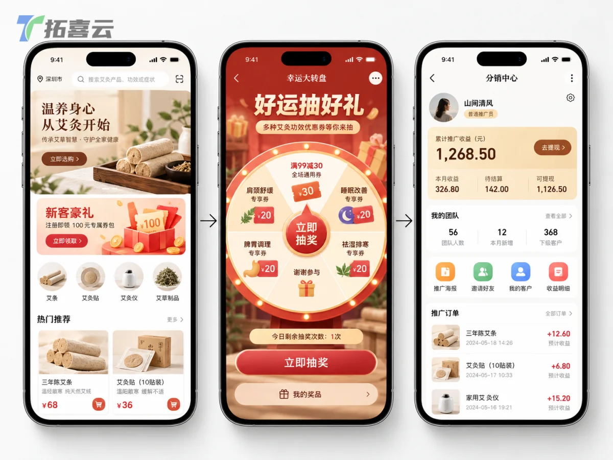 小程序核心功能流程串联：从吸引访客、互动留存到转化分销的完整用户旅程。