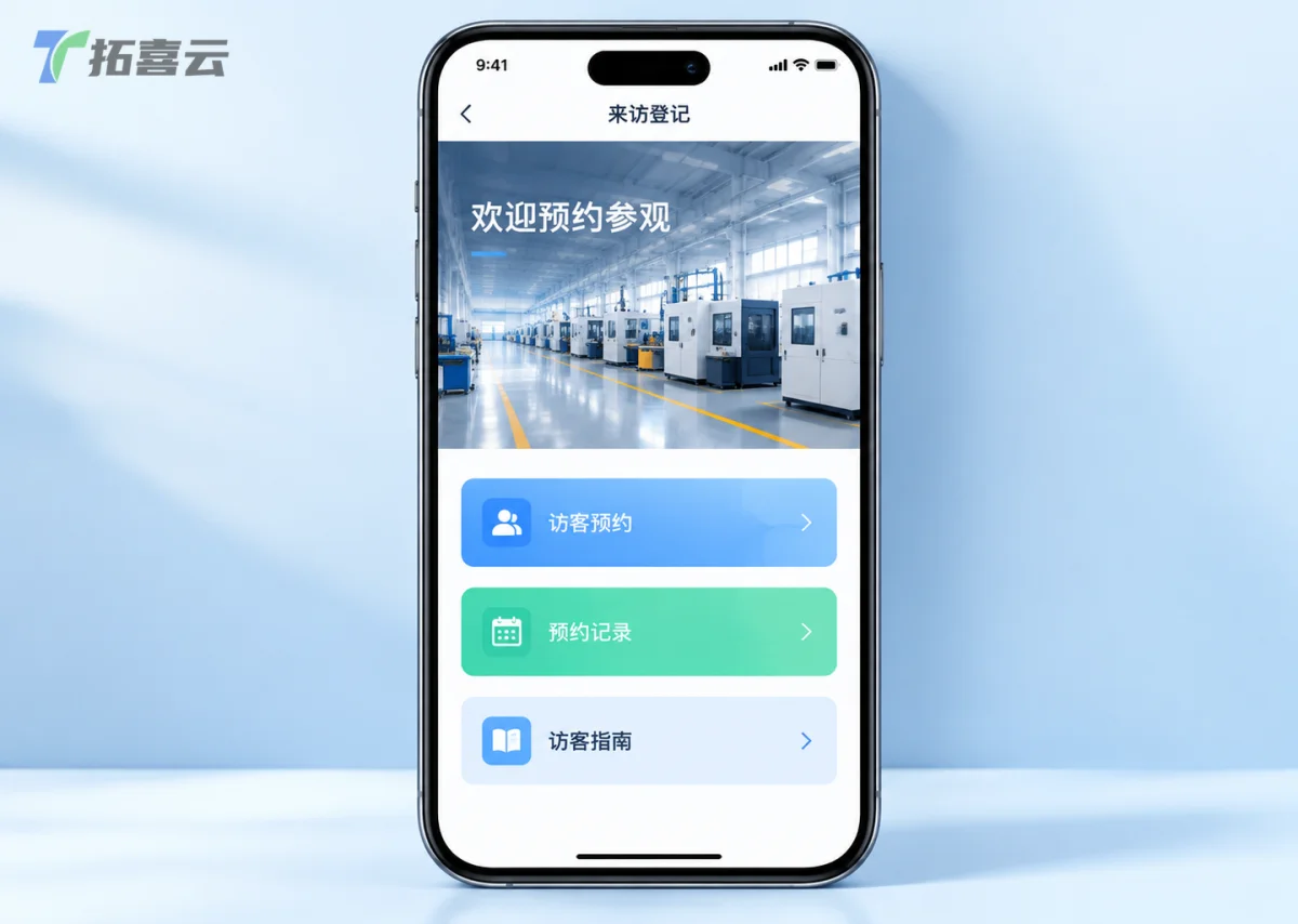 手机端工厂访客登记系统界面，展示预约与管理功能的简洁操作页面