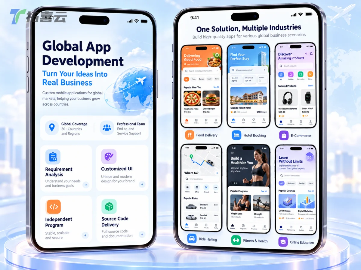 展示海外APP开发服务模块与多行业应用案例界面