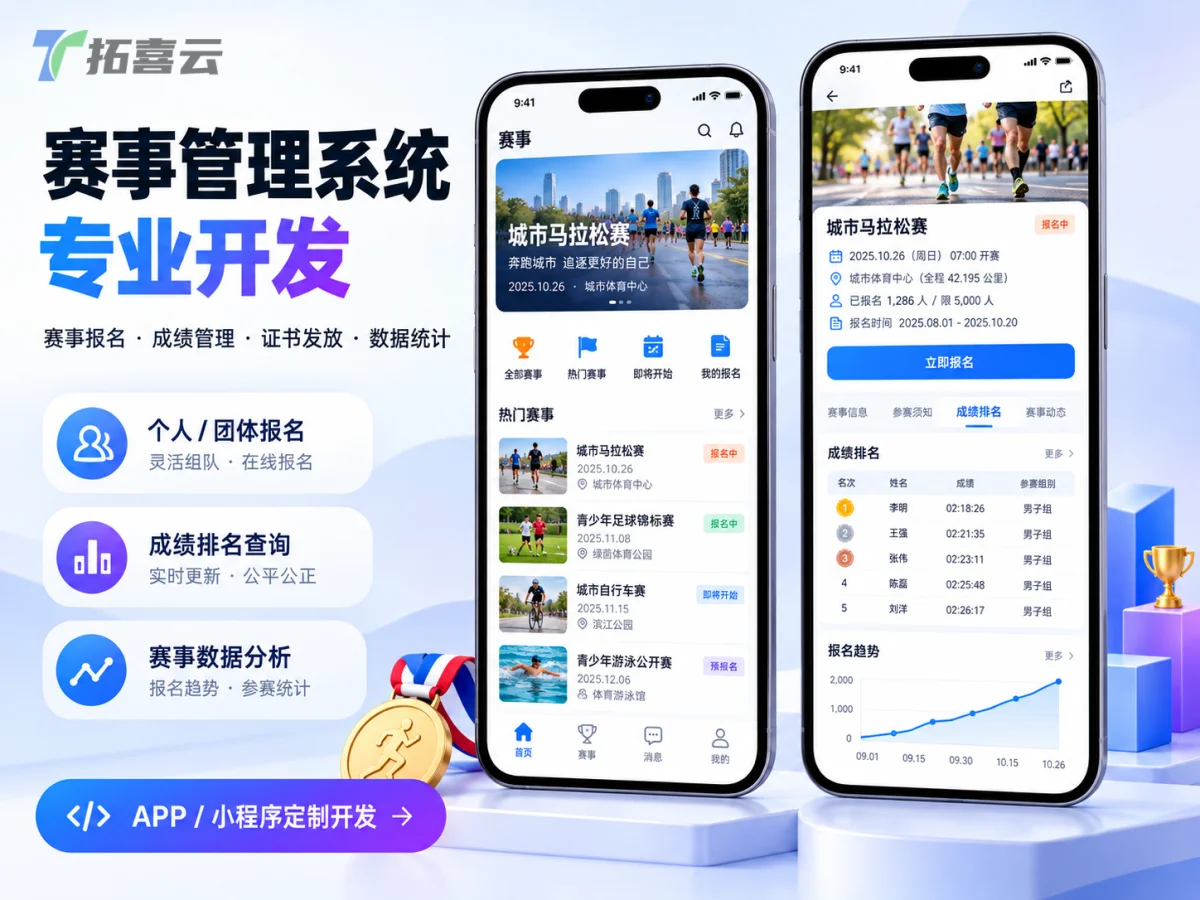 展示赛事报名与管理系统的首页和详情页布局