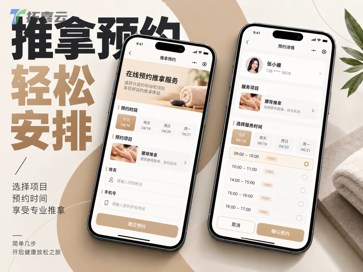 页面内容：配置项目页是一个表单，填写项目名称、分类、价格、时长等。添加工师页可上传照片、填写姓名、简介和设置服务项目。最后一步页面展示一个大的动态二维码，下方附有可直接复制的预约链接。图片说明：从配置服务到生成预约入口的简易流程。
