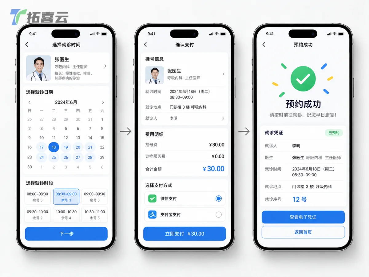 预约全流程线上化，从选时间、支付到成功，清晰流畅。