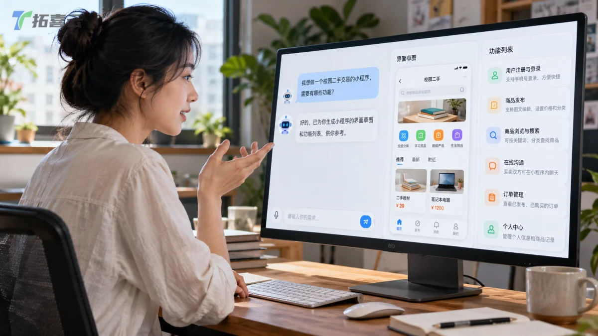 用户与AI智能助手对话，快速生成小程序原型的场景。