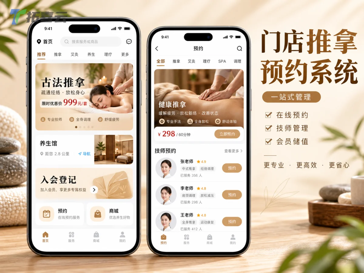展示手机端小程序首页与预约页布局，体现服务推荐与预约功能