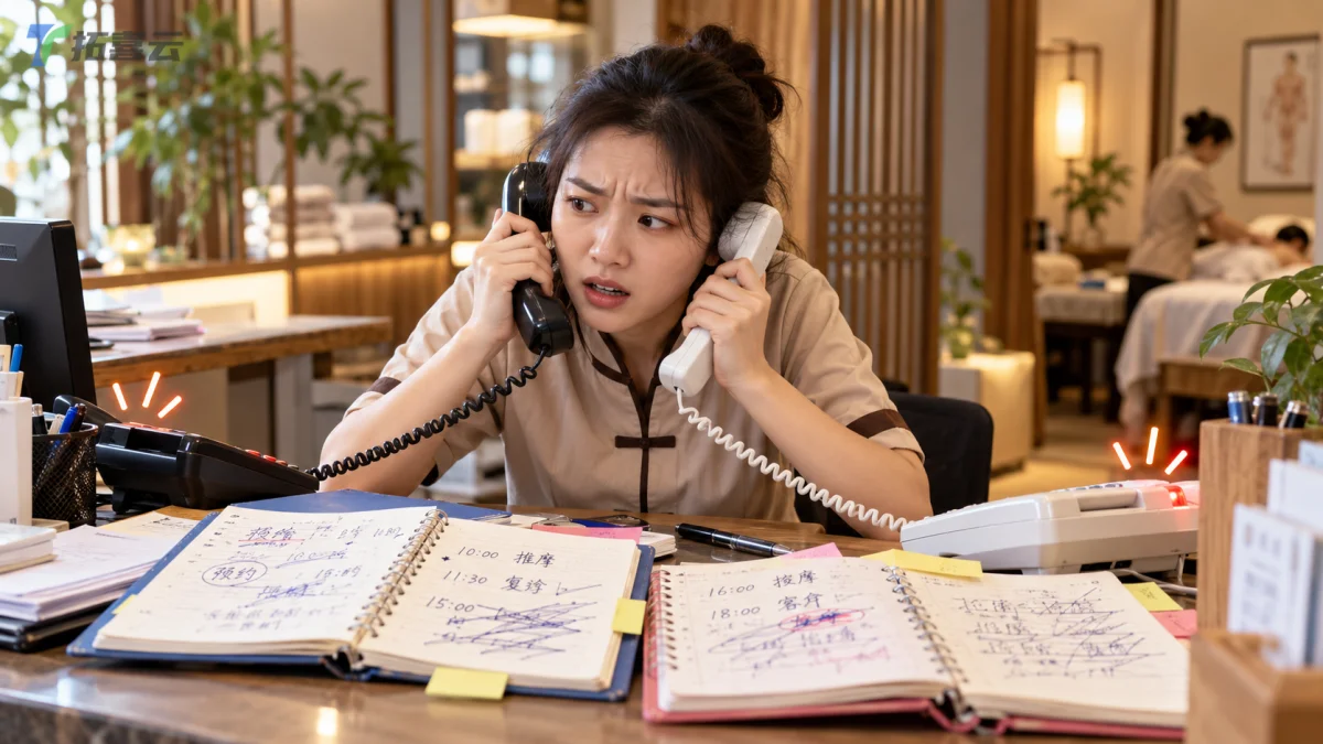 推拿店前台电话铃声大作，一只手同时抓着两只听筒，焦头烂额