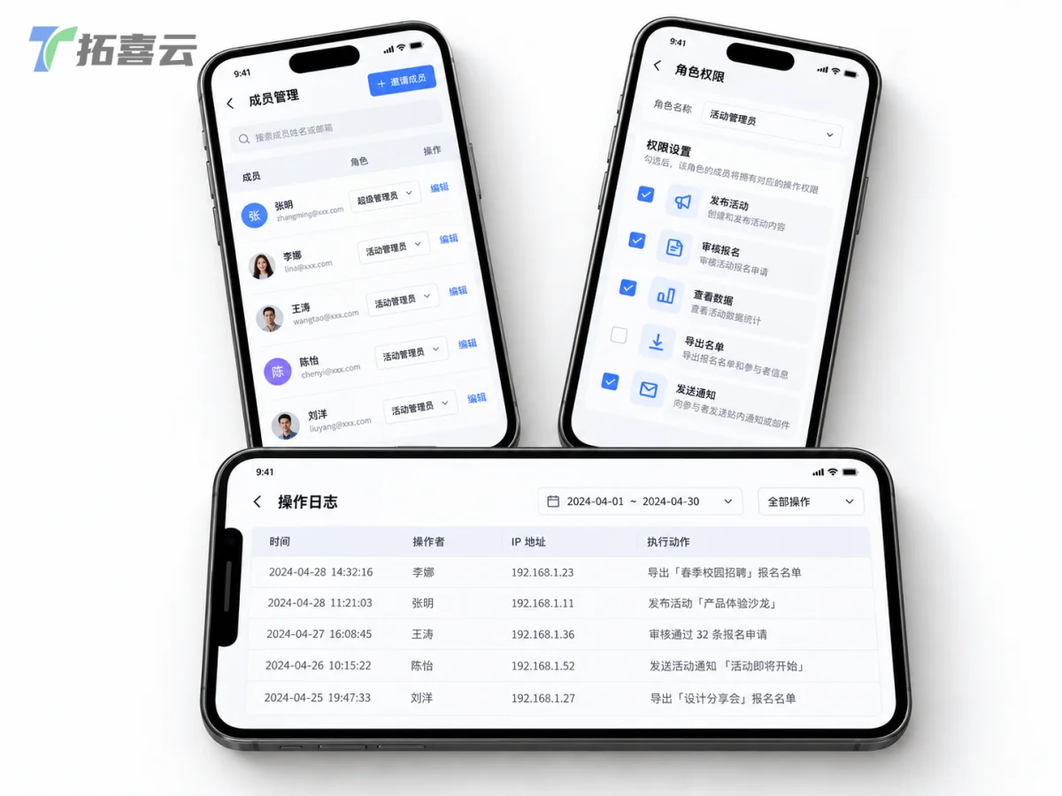 后台支持精细化的角色权限分配与操作日志审计，保障管理安全。