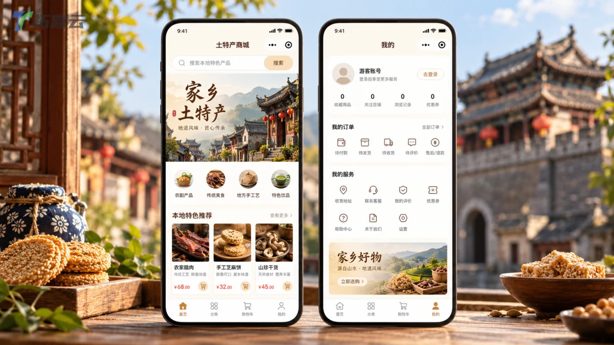 中景视角展示两部并排的手机,左侧为县域特产商城主页,上方是古村落实景背景,下方是特色产品轮播推荐;右侧为用户中心页面,设有订单与服务功能;整体以米白与茶褐为主调,叠加淡雅的云雾纹理与青砖墙肌理,形成温暖而富有文化质感的数字化货架场景 ——