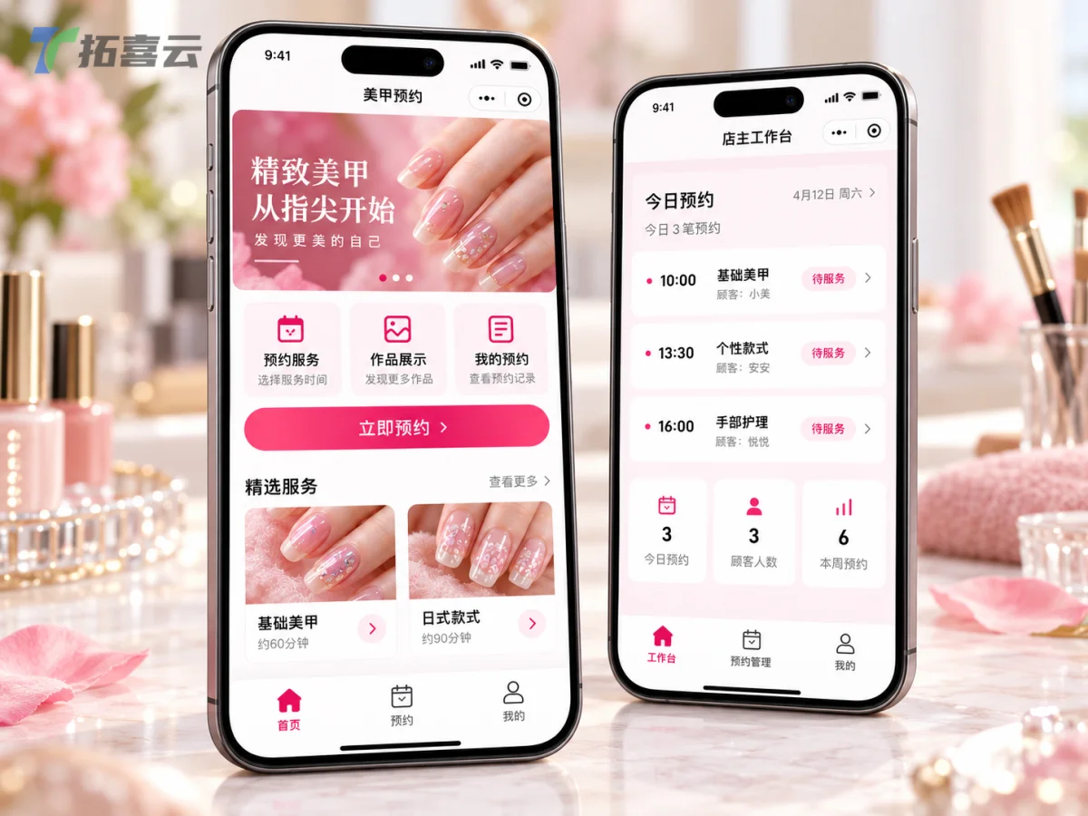 展示顾客预约与店主管理功能的双端界面布局