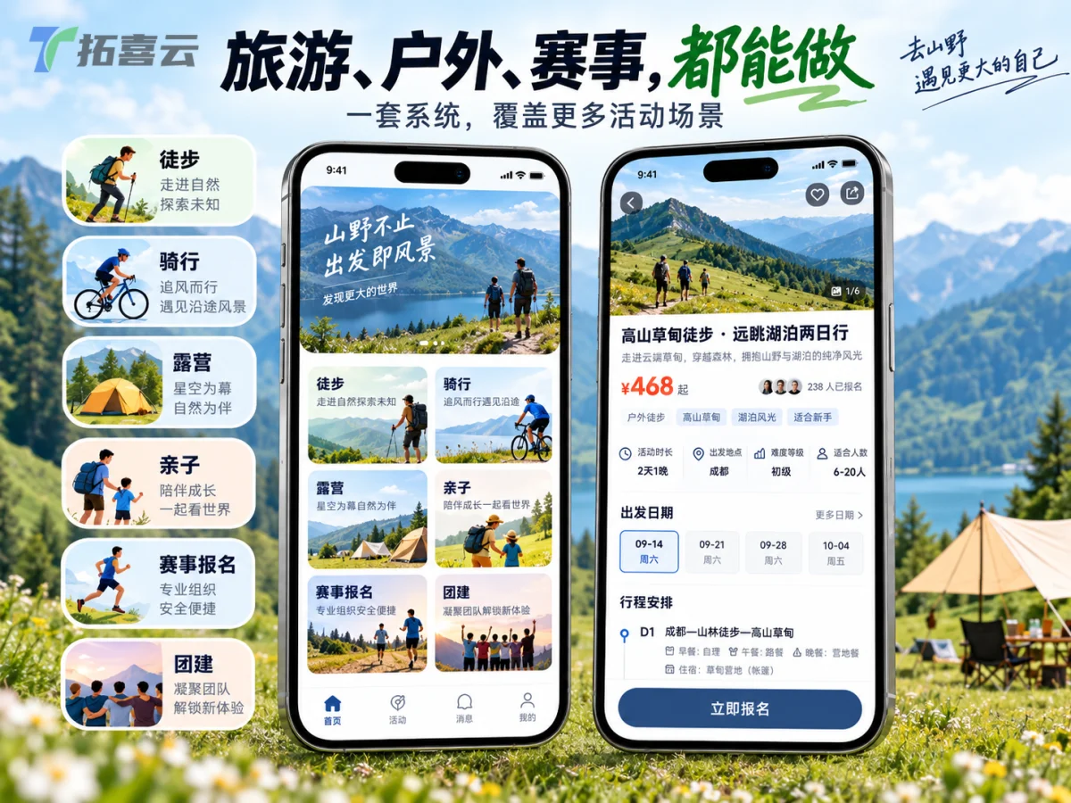 主设备展示用户个人中心页面，包含“我的订单”、“我的积分”、“我的证书”、“我的游记”等模块；左后设备展示后台“订单管理”列表页；右后设备展示后台“数据统计”看板，有报名趋势图、热门活动排行等可视化图表。