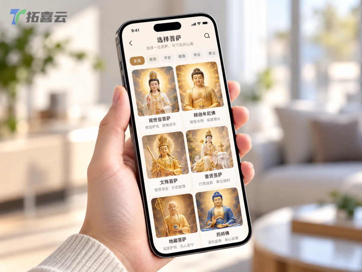 小程序核心三步许愿流程：选择菩萨、填写心愿、生成许愿卡。