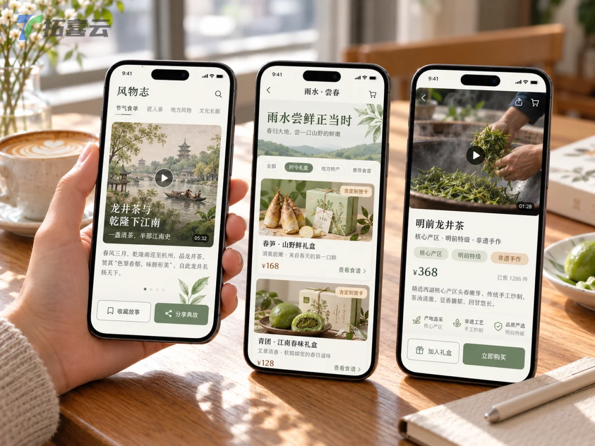 地域文化特产小程序在真实场景中的多页面展示，展现了“文化+电商”的沉浸式体验。