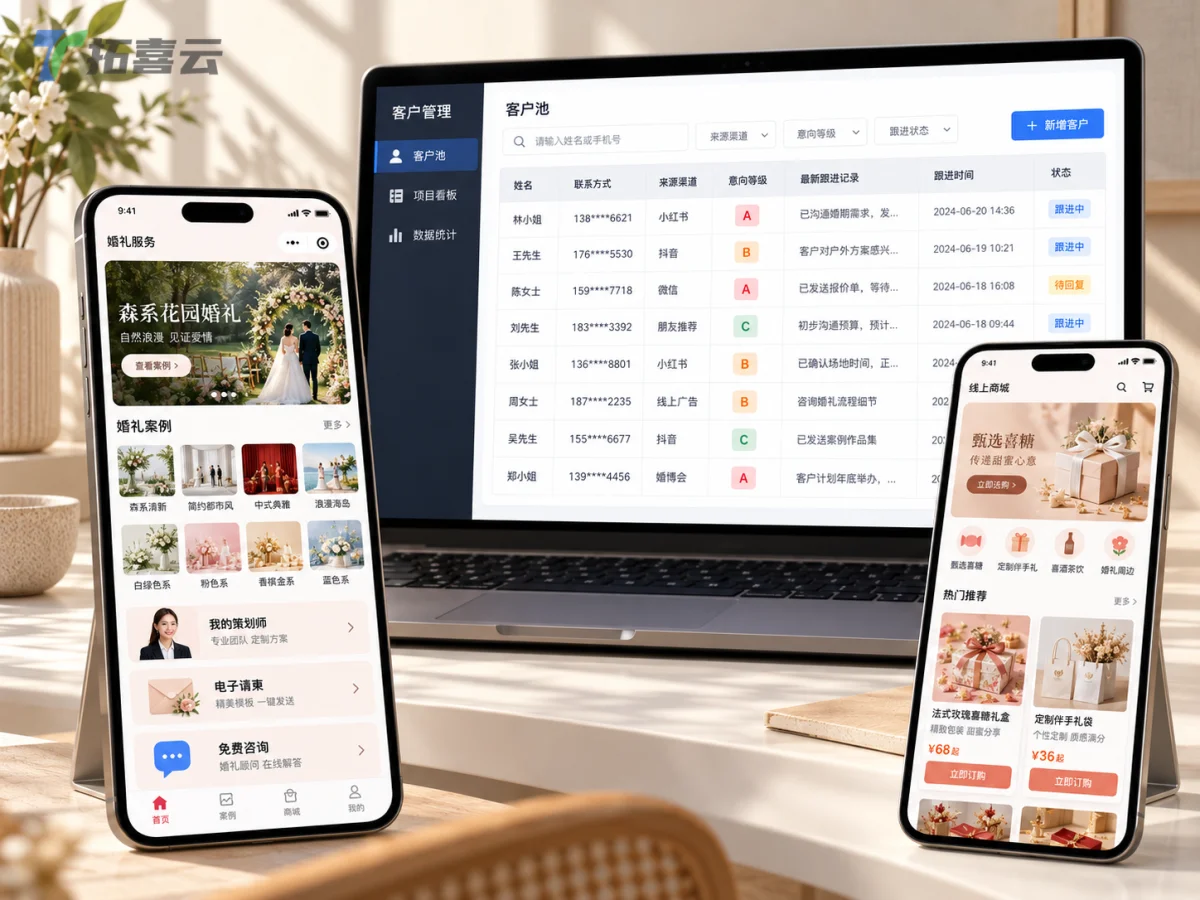 展示婚庆小程序的新人端首页、后台客户管理界面及婚品商城页面。