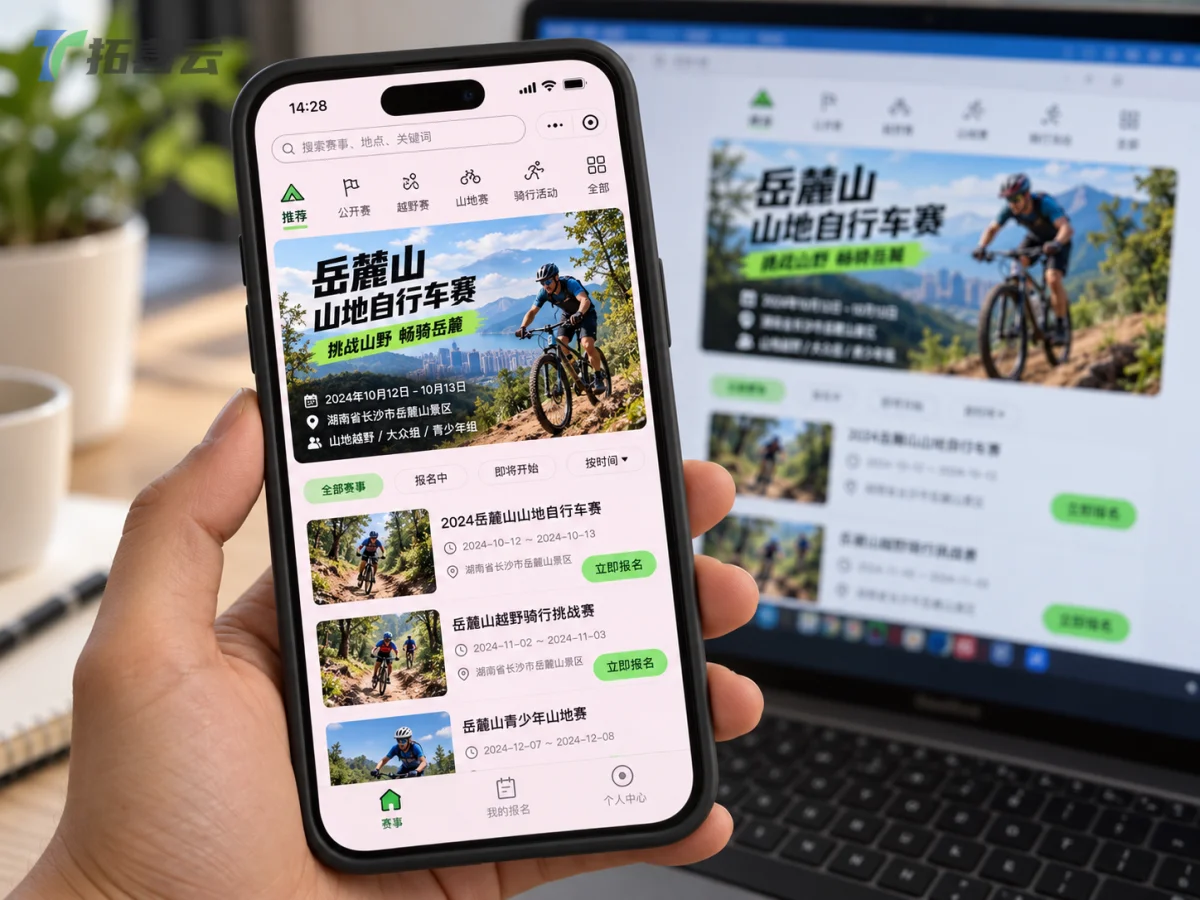 手机端小程​​序界面展示赛事报名信息，背景电脑同步显示功能界面