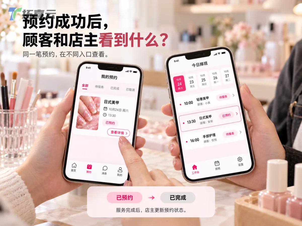 顾客与店主通过小程序同步查看不同入口的预约状态更新