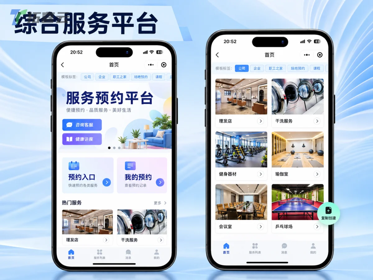 展示企业内部服务预约平台的首页与服务列表界面