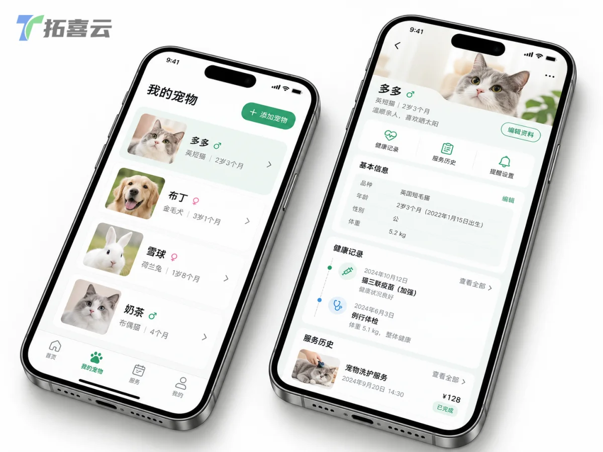宠物电子档案结构展示，信息清晰分层。