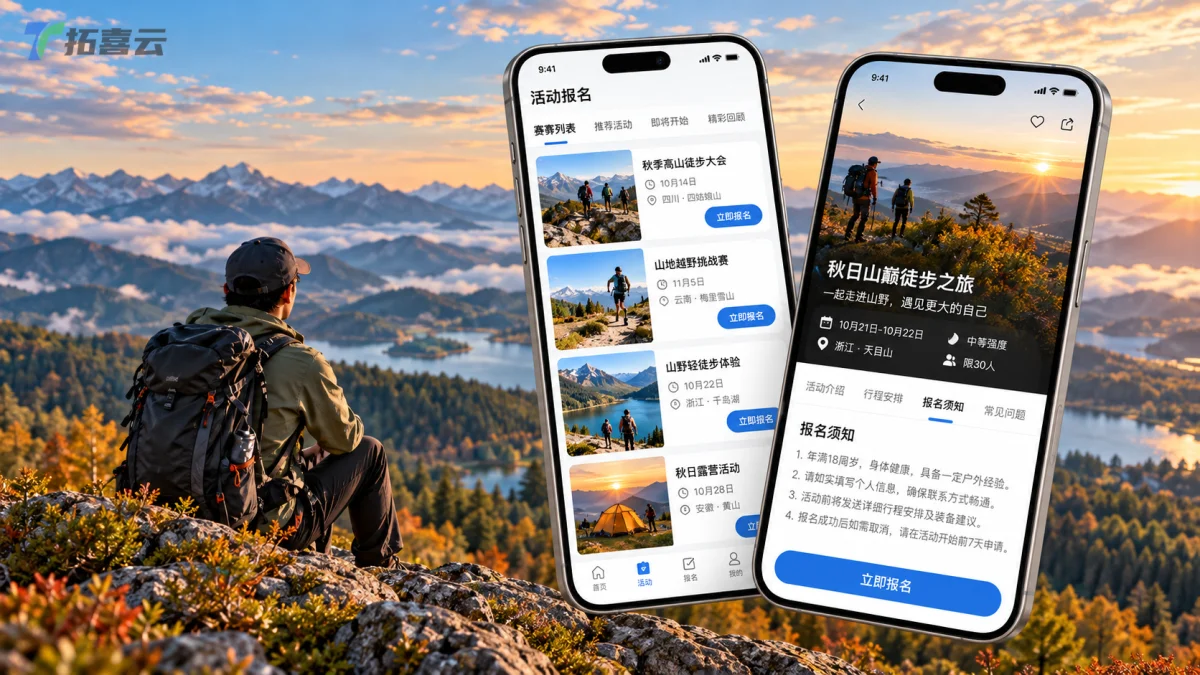 户外活动报名小程序界面与山景融合的画面