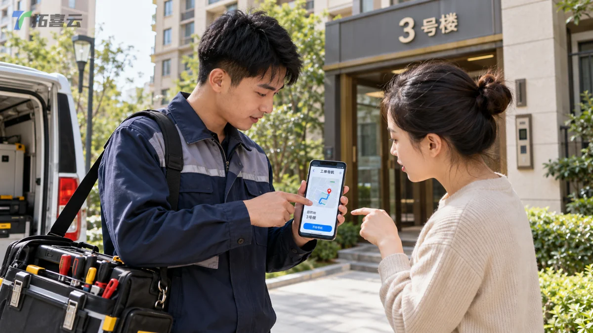 技师使用手机工单系统与客户沟通确认位置