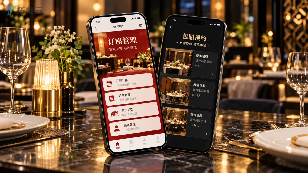 展示餐厅订座小程序功能的手机界面与奢华光影背景