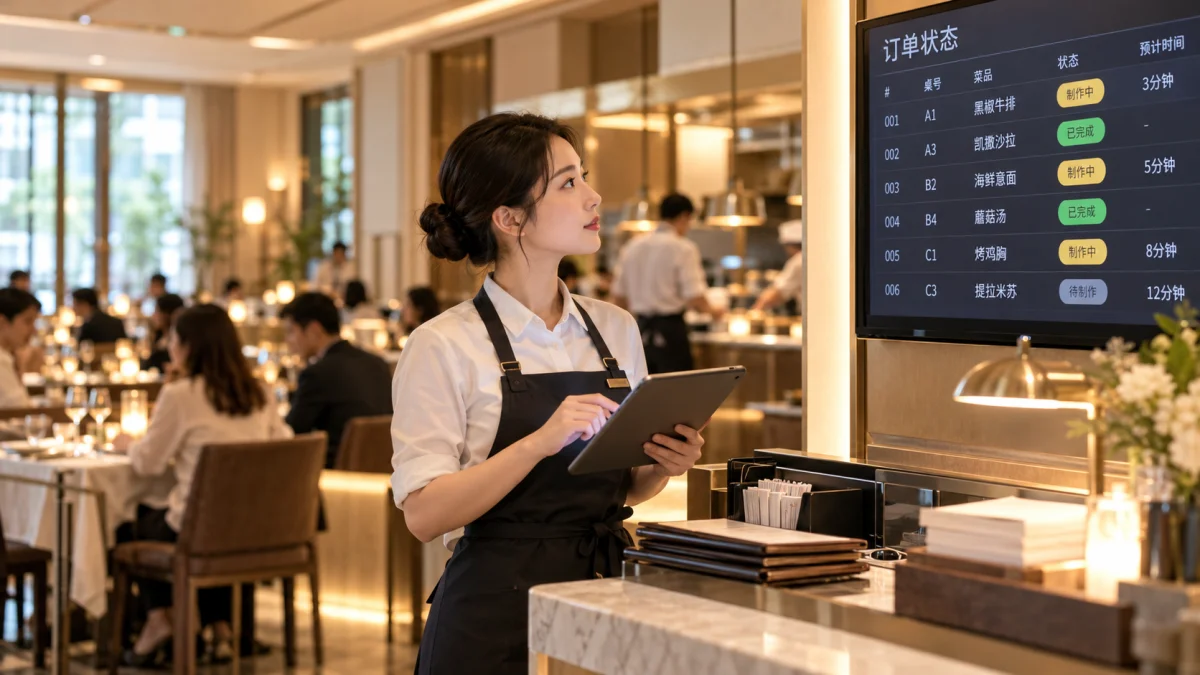 服务员使用数字看板与移动端管理门店运营