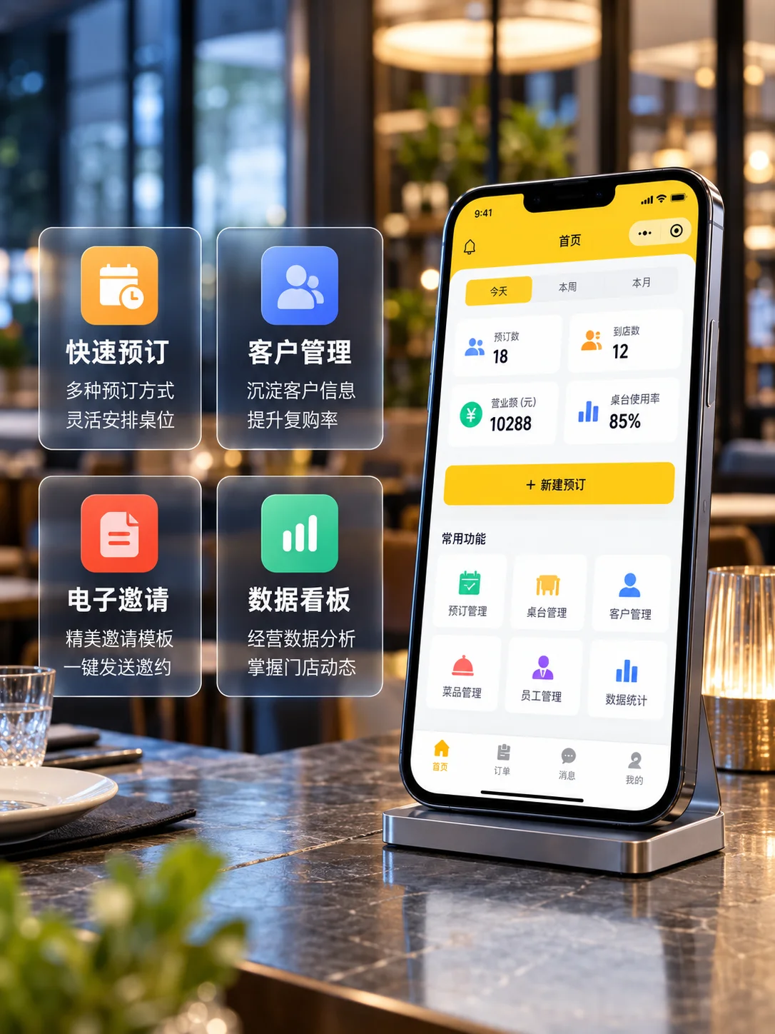 深蓝色科技感背景，右侧斜立一部手机，屏幕显示着应用界面